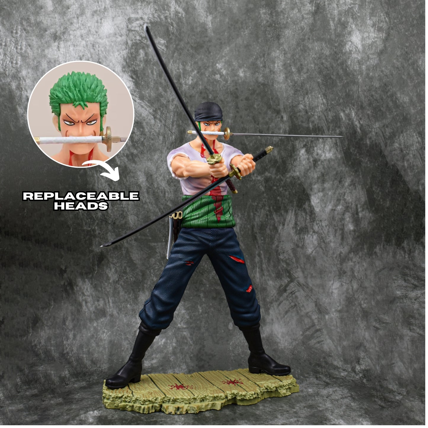 RORONOA ZORO THREE SWORD STYLE ICONIC ACTION FIGURE WIHT 2 REPLACEABLE HEADS (28 CM HEIGHT) - ONE PIECE