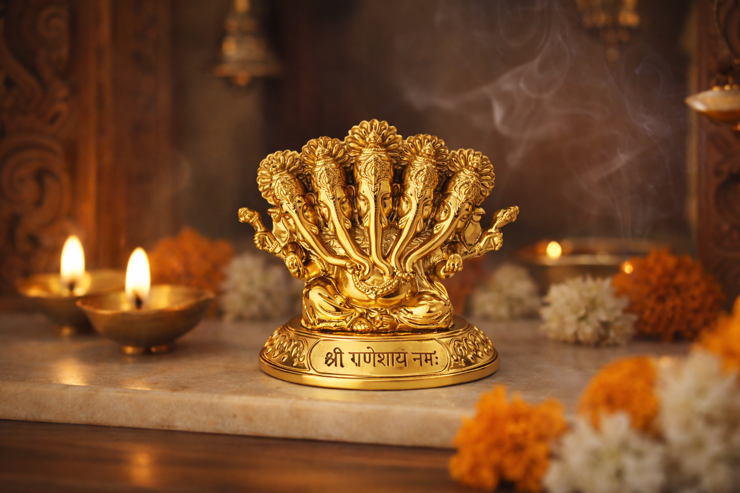 Panchmukhi Ganesh Idol – Golden Finish Decorative Ganpati Murti for Home, Office & Car Dashboard | Resin Spiritual Showpiece