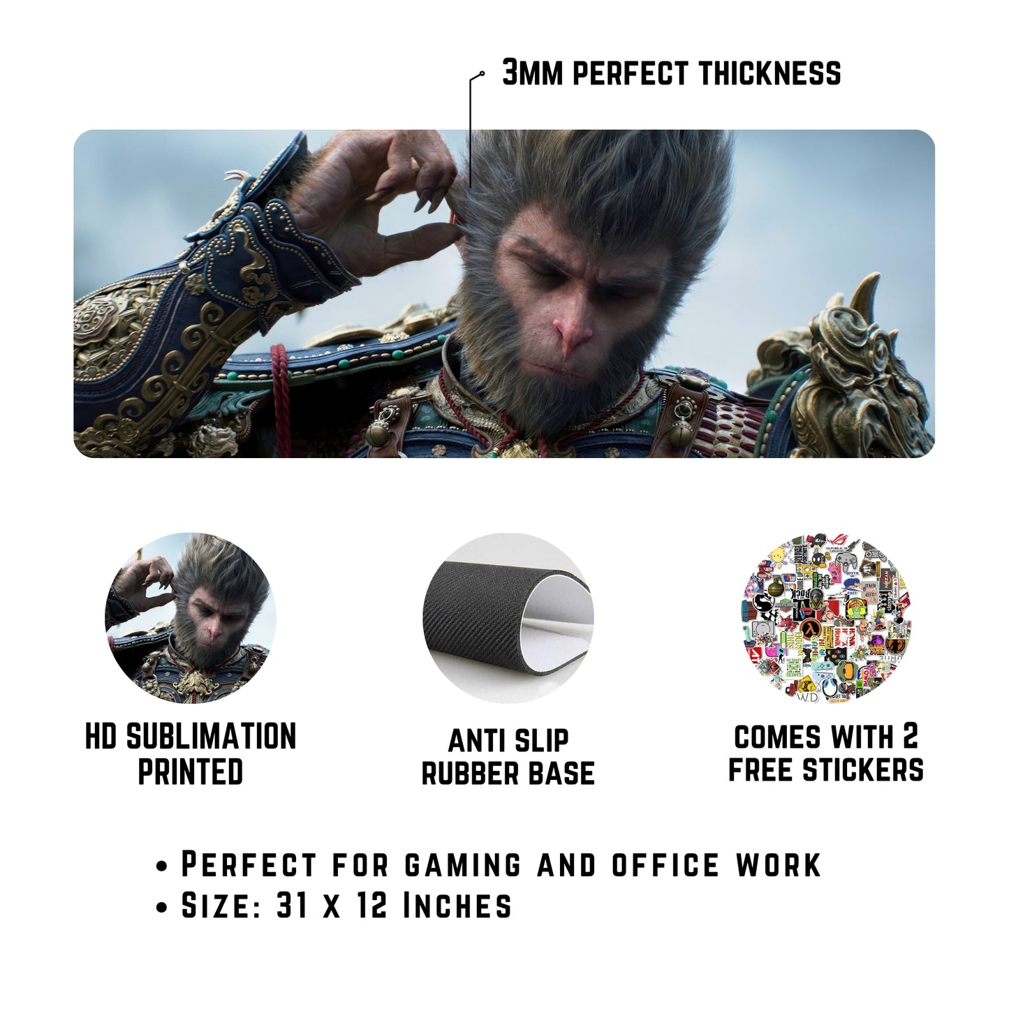 BLACK MYTH: WUKONG MOUSE PAD (31 X 12 INCHES) - GAMING MOUSE PAD | RUBBER BASE DESK MAT
