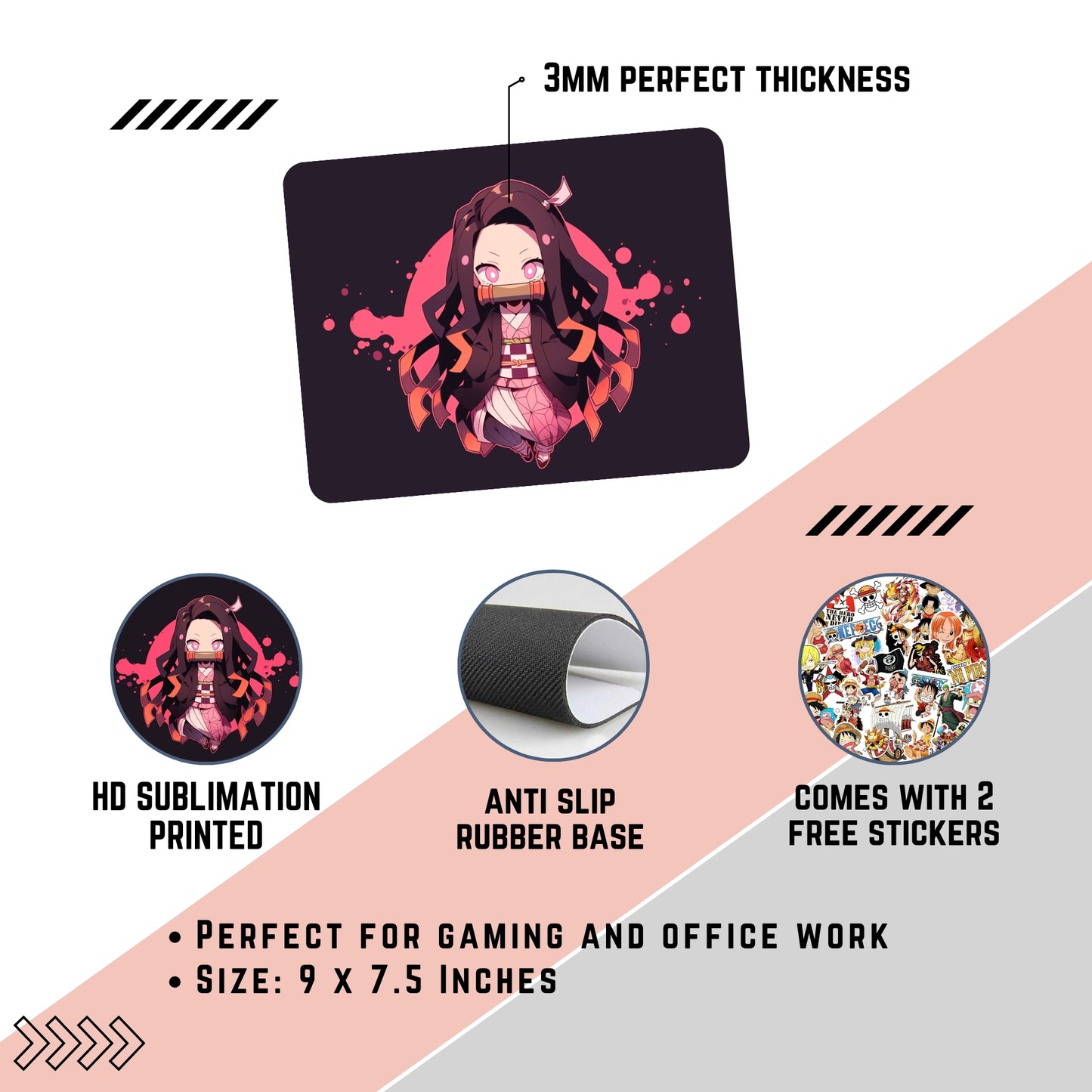 DEMON SLAYER - NEZUKO MOUSE PAD (9 X 7.5 INCHES) - GAMING AND OFFICE MOUSE PAD | RUBBER BASE MOUSE PAD