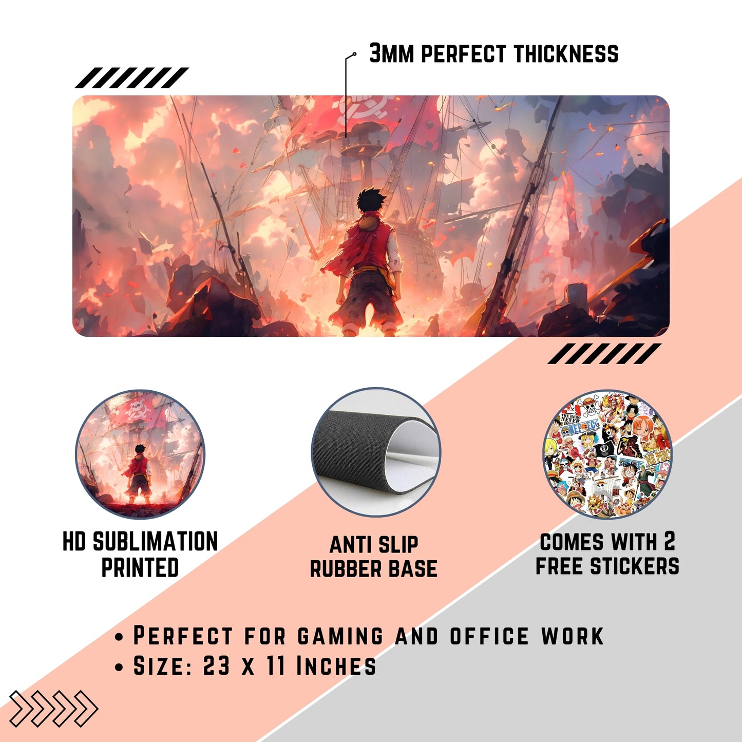 MONKEY D. LUFFY MOUSE PAD (23 X 11 INCHES) - GAMING MOUSE PAD | RUBBER BASE DESK MAT