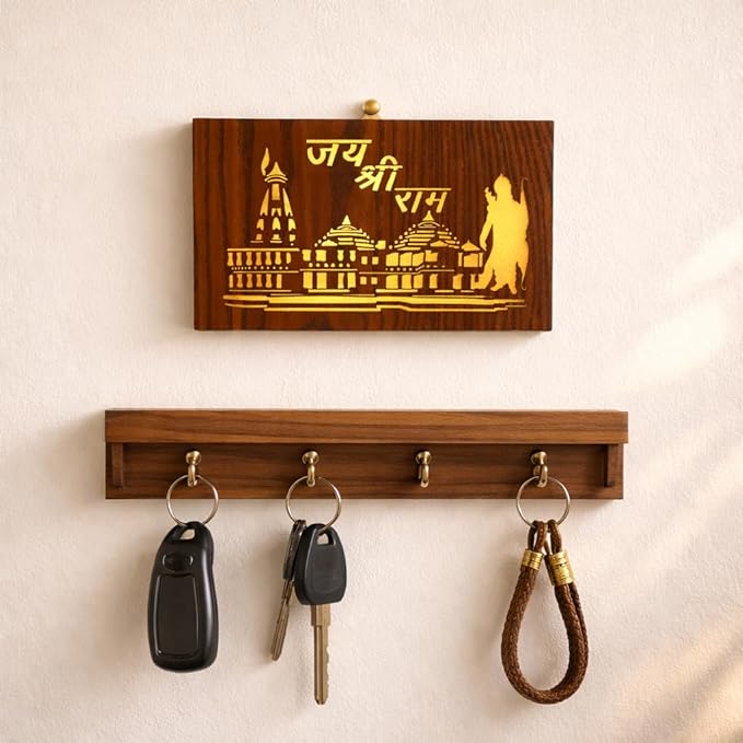 Jai Shri Ram Ayodhya Mandir Wooden Wall Décor - Spiritual LED Style Temple Art