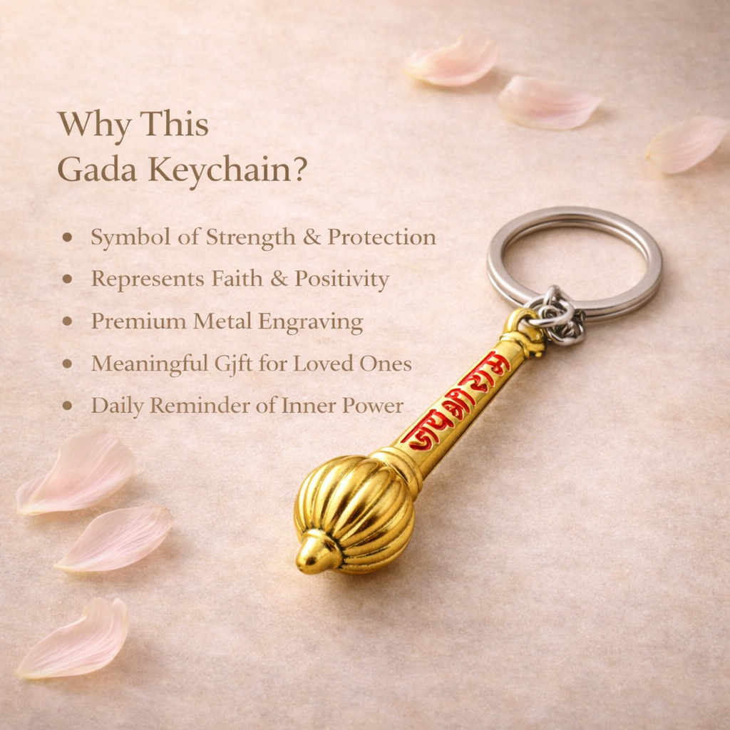 Jai Shri Ram Gada Keychain – Golden Hanuman Gada Key Ring for Car, Bike & Keys | Religious Gift