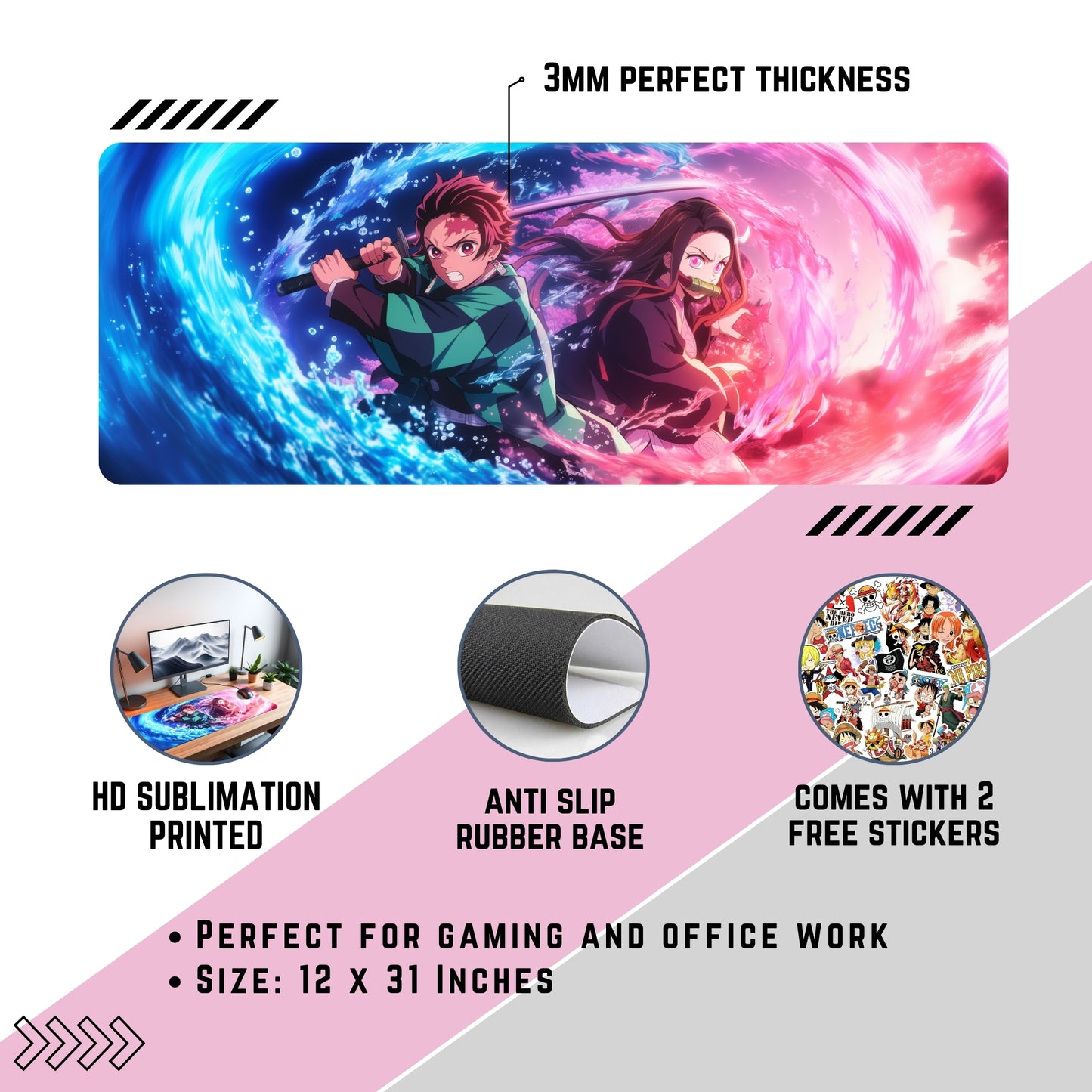 TANJIRO AND NEZUKO DUO DESK MAT (31 X 12 INCHES) - GAMING MOUSE PAD | RUBBER DESK MAT