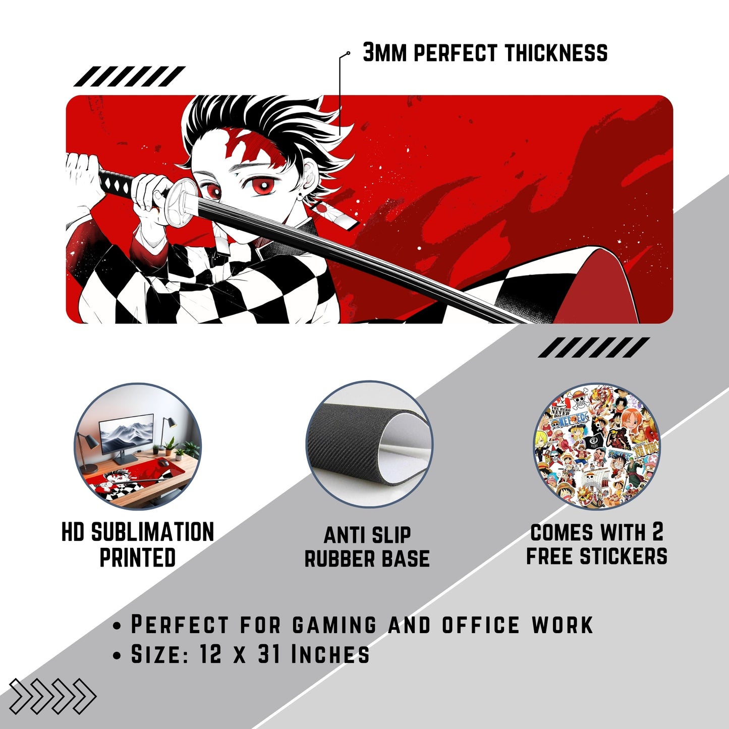 TANJIRO ICONIC DESK MAT (31 X 12 INCHES) - GAMING MOUSE PAD | RUBBER DESK MAT
