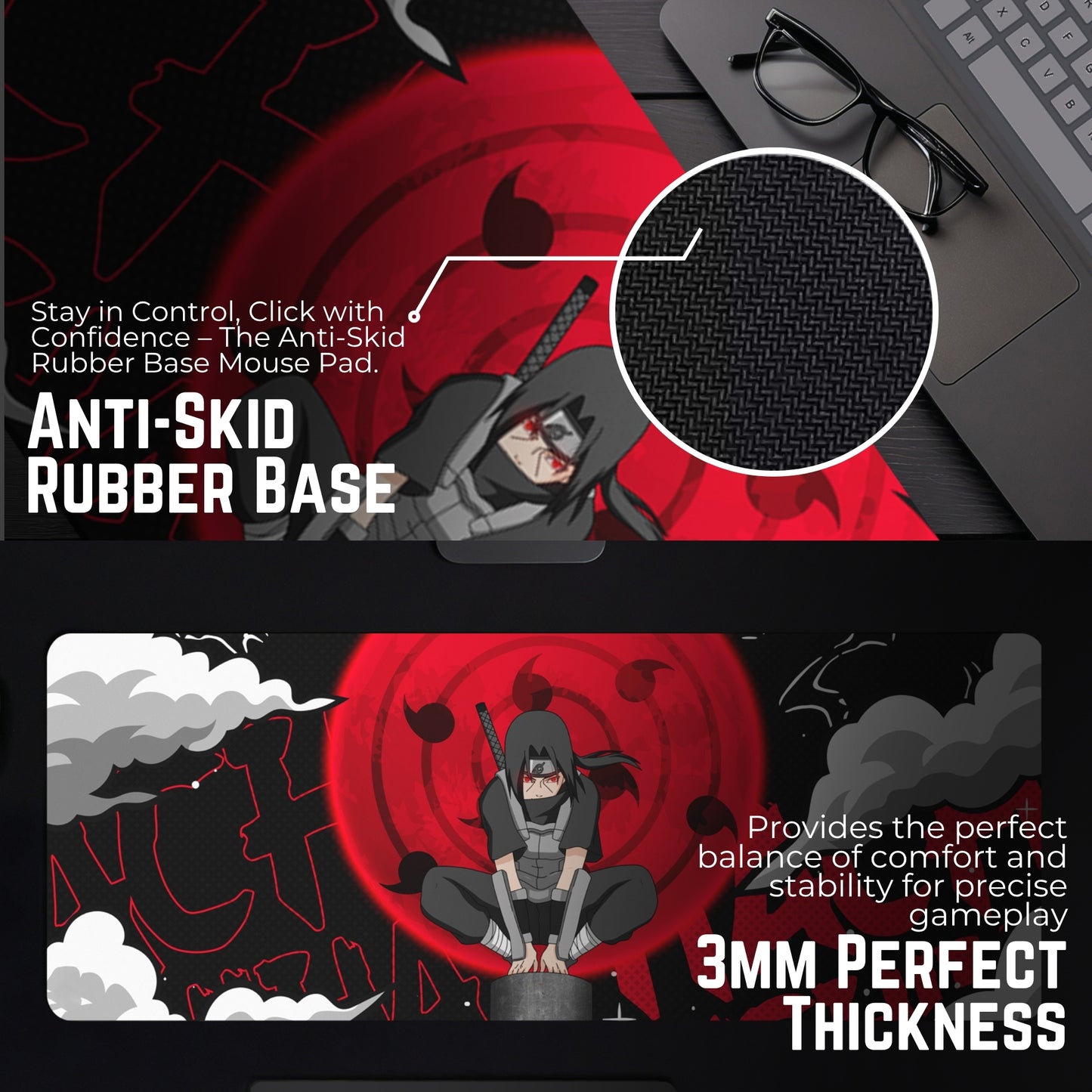 ITACHI UCHIHA PREMIUM EDITION DESK MAT (31 X 12 INCHES) - GAMING MOUSE PAD | RUBBER BASE DESK MAT
