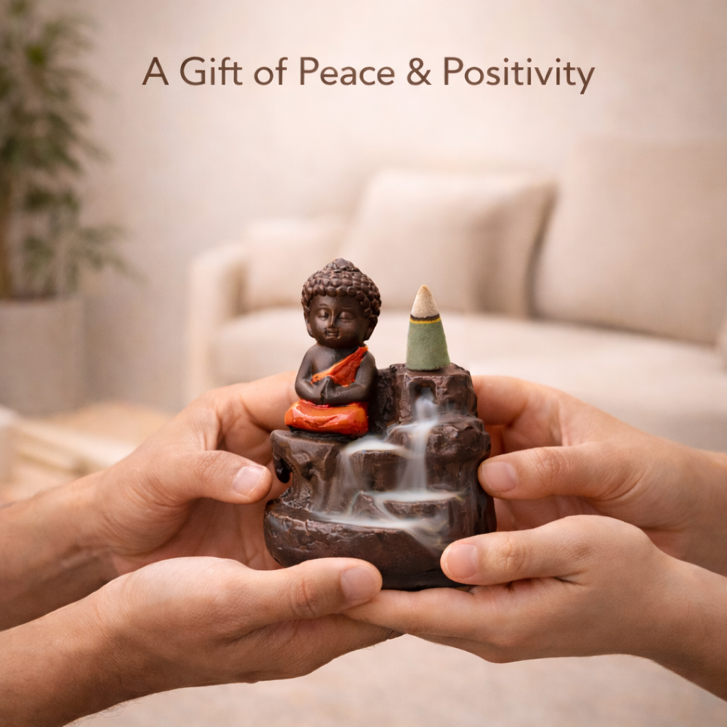 Baby Buddha Backflow Incense Holder – Smoke Waterfall Meditation Decor | Spiritual Gift Showpiece (14 cm)