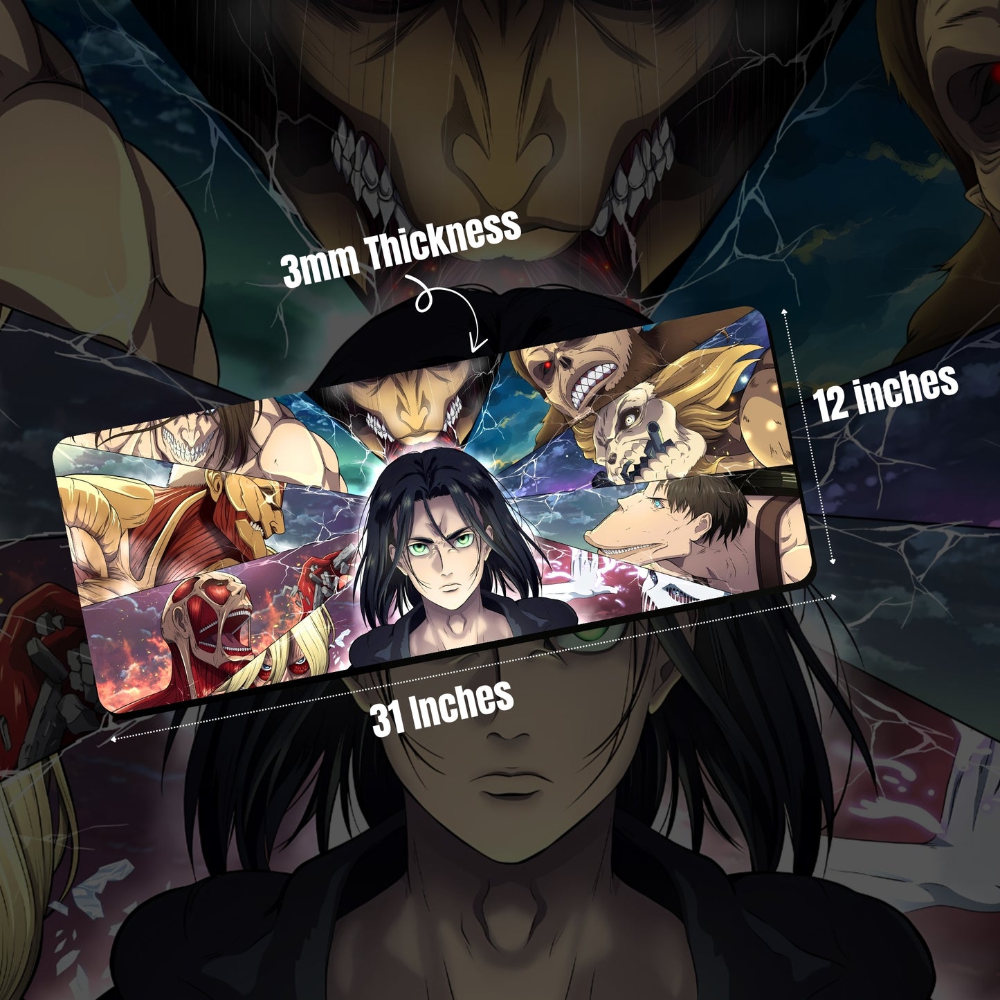 ATTACK ON TITAN ALL TITANS & EREN YEAGER DESK MAT (31 X 12 INCHES) - GAMING MOUSE PAD | RUBBER DESK MAT