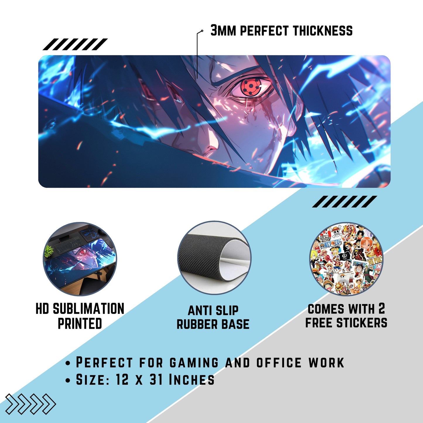 SASUKE UCHIHA SHARINGAN EYE DESK MAT (31 X 12 INCHES) - GAMING MOUSE PAD | RUBBER BASE DESK MAT