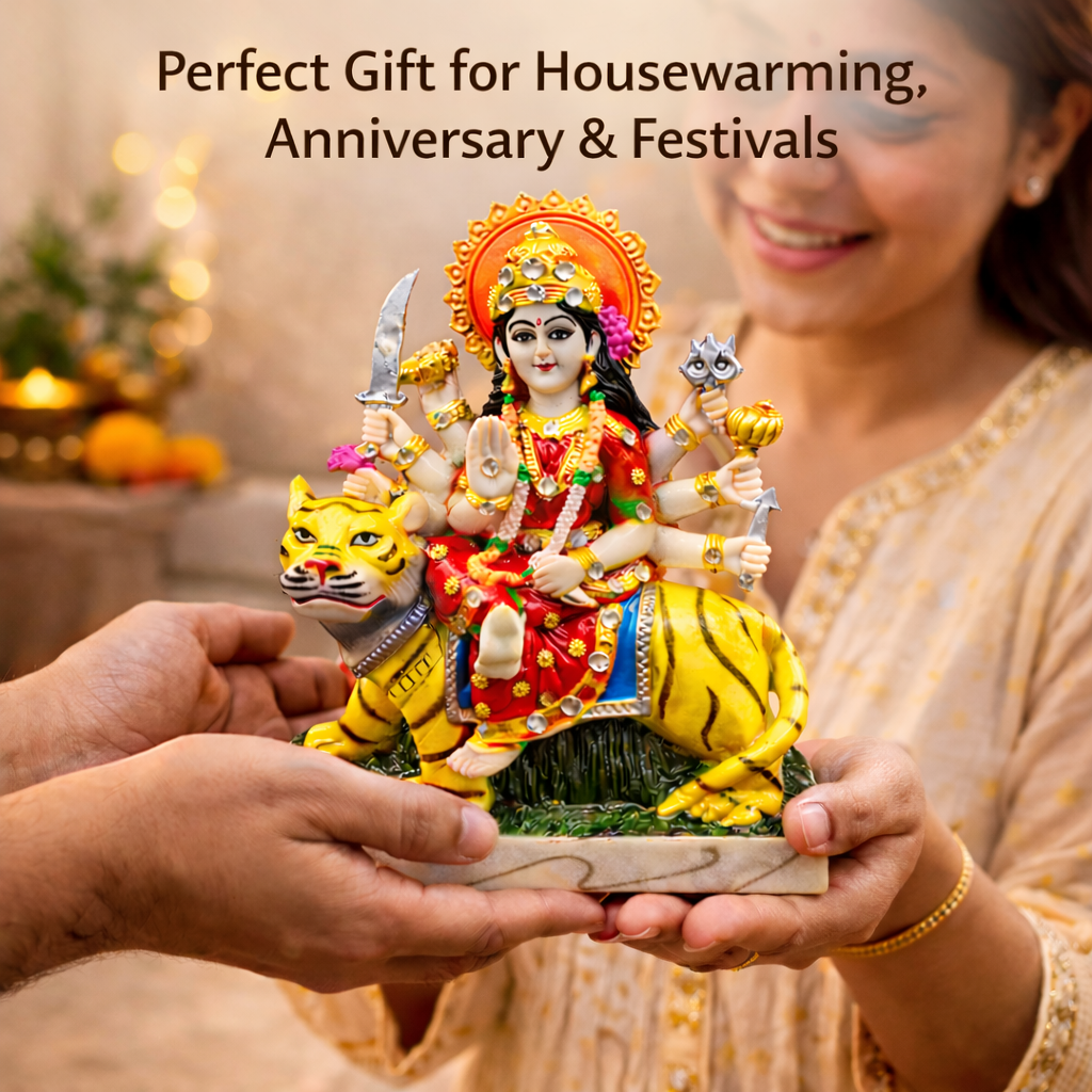 Durga Maa Idol Sitting on Tiger - Murti for Home Temple, Navratri Puja, Office Desk & Spiritual Gift (510 g)
