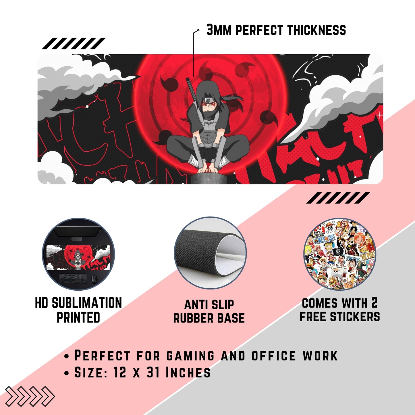 ITACHI UCHIHA PREMIUM EDITION DESK MAT (31 X 12 INCHES) - GAMING MOUSE PAD | RUBBER BASE DESK MAT