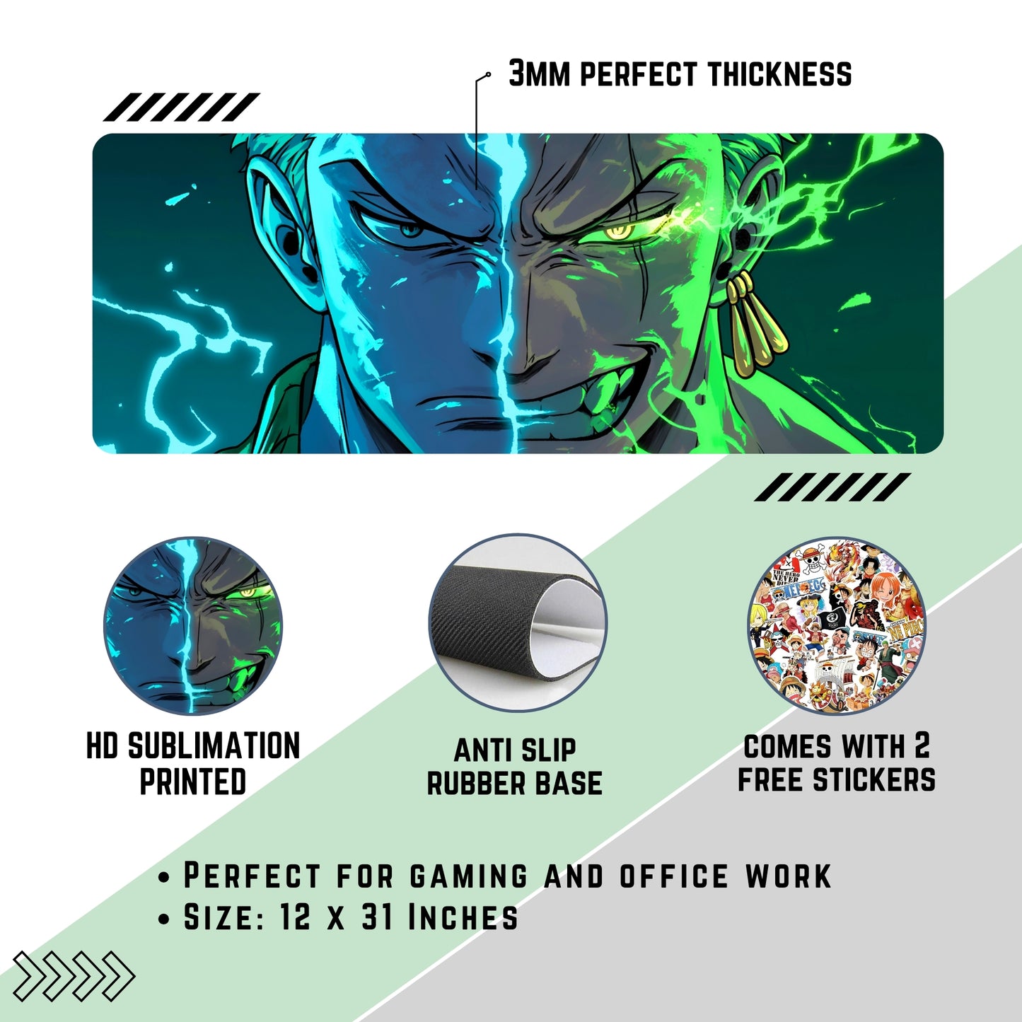Pirate Hunter Roronoa Zoro Desk Mat (31 X 12 Inches) - Gaming Mouse Pad | Rubber Base Desk Mat