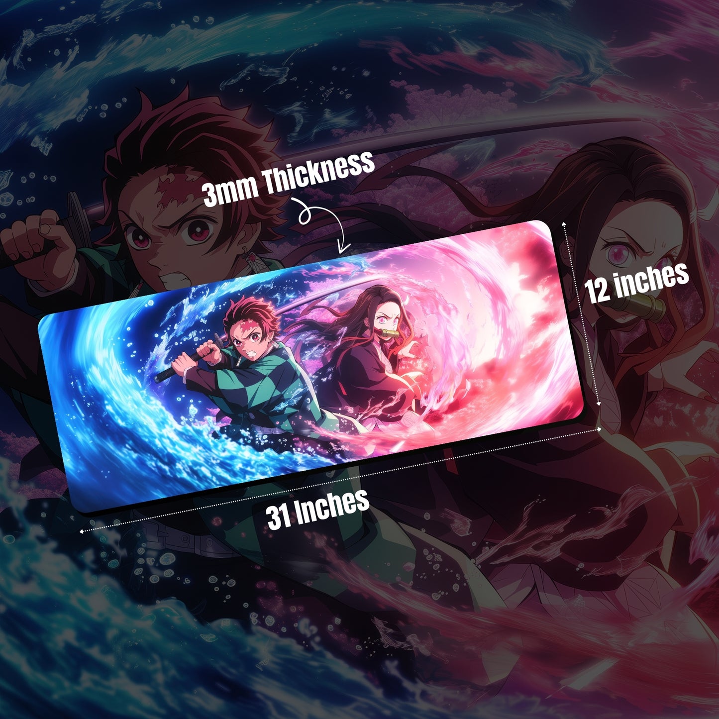 TANJIRO AND NEZUKO DUO DESK MAT (31 X 12 INCHES) - GAMING MOUSE PAD | RUBBER DESK MAT