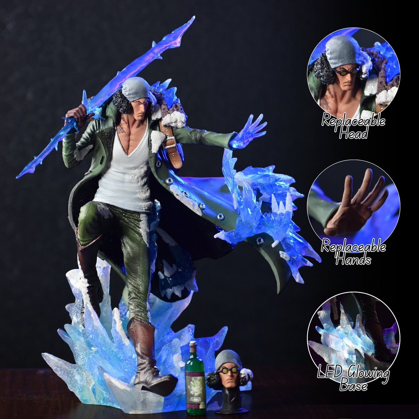 One Piece Aokiji Kuzan Premium Action Figure | Replaceable Head & Hands | LED Glowing Ice Base Anime Collectible Statue