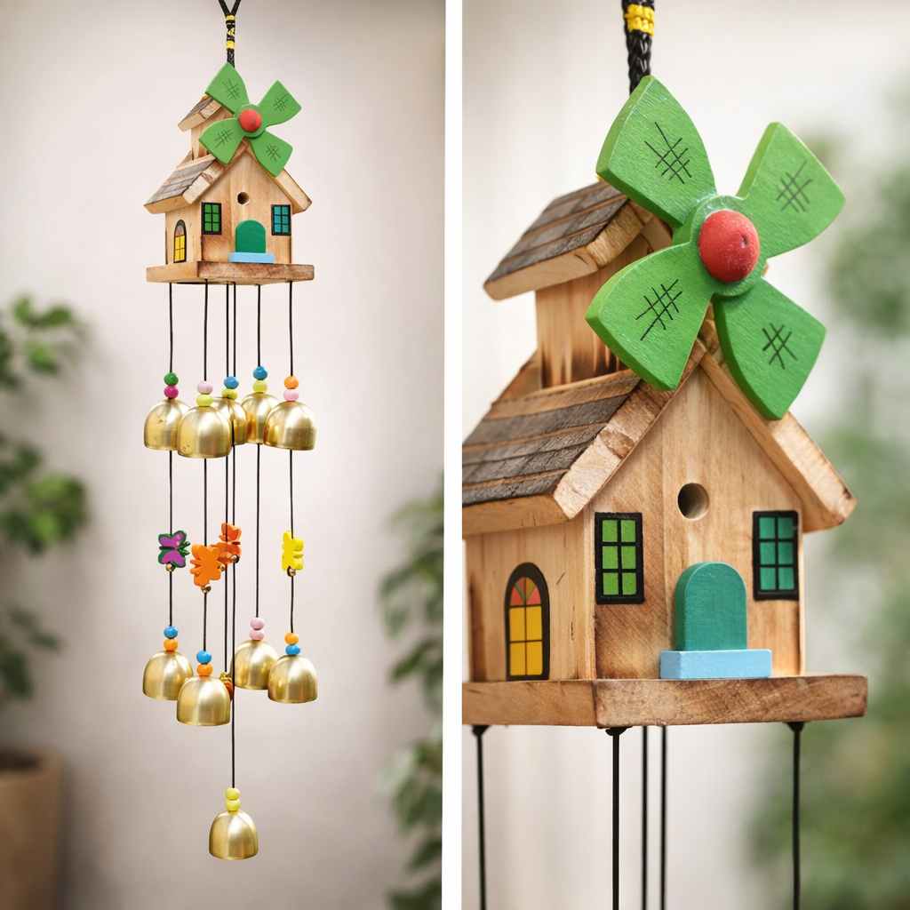 Wooden Windmill House Wind Chime with Golden Bells – Decorative Hanging for Home, Balcony & Garden Decor