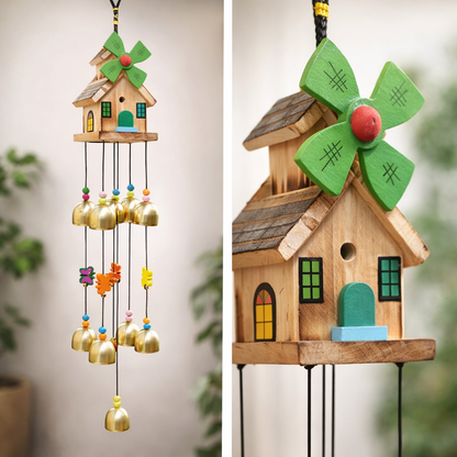 Wooden Windmill House Wind Chime with Golden Bells – Decorative Hanging for Home, Balcony & Garden Decor