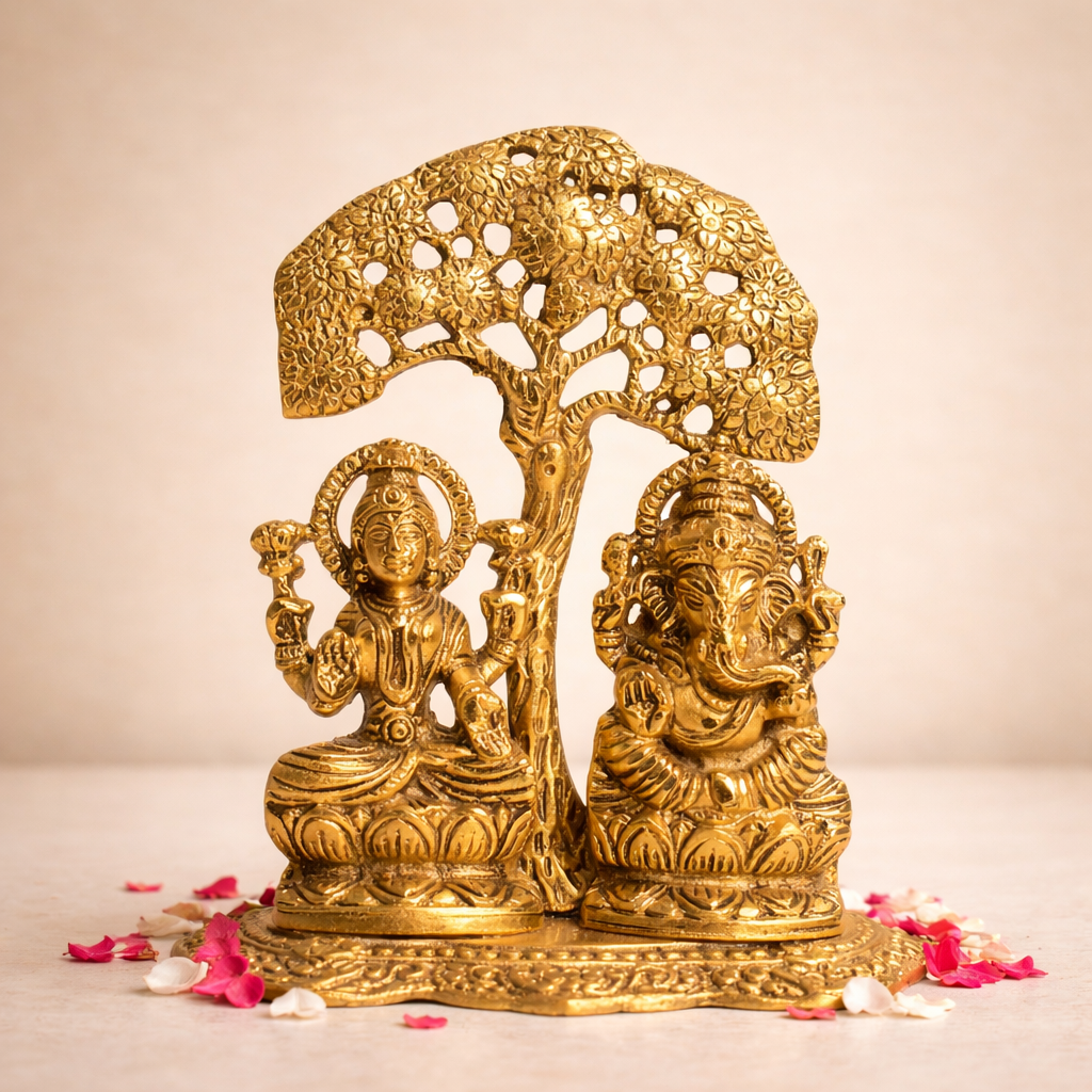 Lakshmi Ganesh Under Tree Idol – Golden Finish Vastu Spiritual Showpiece