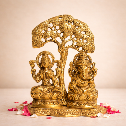 Lakshmi Ganesh Under Tree Idol – Golden Finish Vastu Spiritual Showpiece
