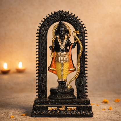 Shri Ram Idol with Bow Arch - 10 Inch Premium Resin Murti | Matte Black Finish with Gold & Red Accents