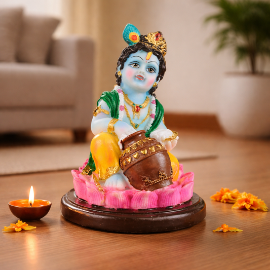 Premium Laddu Gopal Idol on Lotus Base – Decorative Krishna Murti for Home, Office & Gift (Colorful Finish)