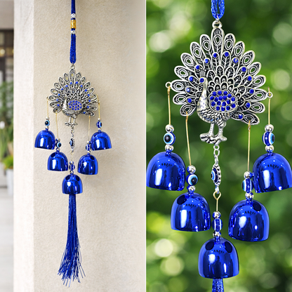 Peacock Evil Eye Hanging Wind Chime with Bells – Silver & Blue Nazar Protection Wall & Door Decor | Vastu Home Decoration