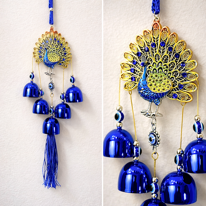 Peacock Evil Eye Hanging with Bells – Blue Nazar Protection Wall & Door Decor | Vastu Home Decoration