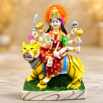 Durga Maa Idol Sitting on Tiger - Murti for Home Temple, Navratri Puja, Office Desk & Spiritual Gift (510 g)