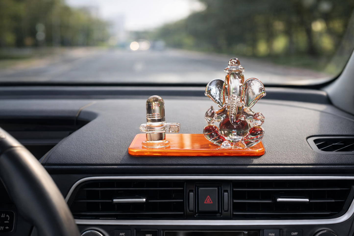 Crystal Lord Ganesha with Shivling Idol - Spiritual Showpiece for Home Temple, Car Dashboard & Office – Vastu Positive Energy Decorative Gift (Transparent Glass Finish)