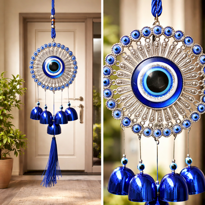 Evil Eye Door Hanging with Bells – Blue Nazar Protection Wall Decor | Vastu Home Decoration Hanging