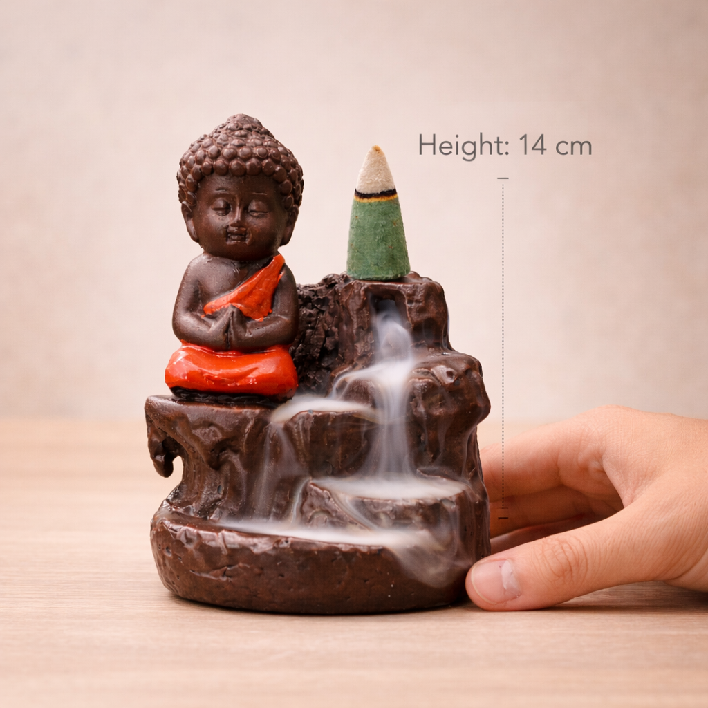 Baby Buddha Backflow Incense Holder – Smoke Waterfall Meditation Decor | Spiritual Gift Showpiece (14 cm)