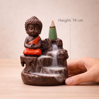Baby Buddha Backflow Incense Holder – Smoke Waterfall Meditation Decor | Spiritual Gift Showpiece (14 cm)