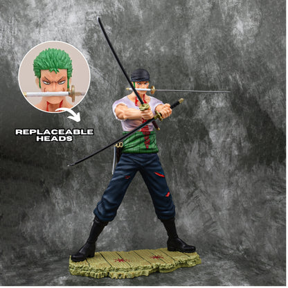 RORONOA ZORO THREE SWORD STYLE ICONIC ACTION FIGURE WIHT 2 REPLACEABLE HEADS (28 CM HEIGHT) - ONE PIECE