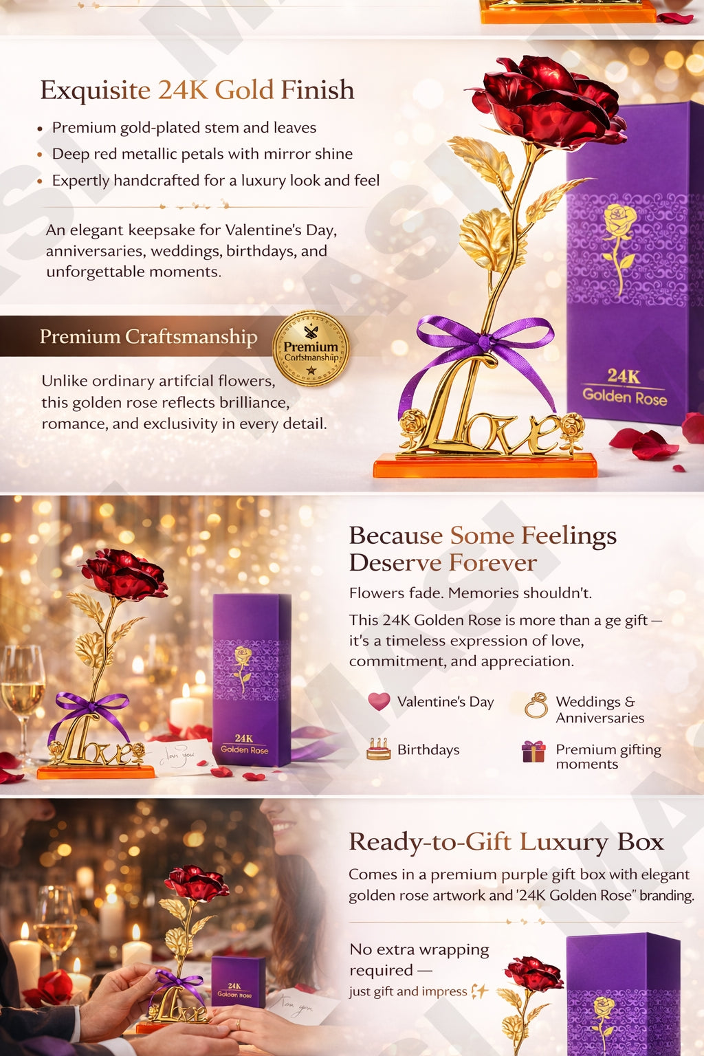 24K Golden Rose with Love Stand - Romantic Gift for Valentine, Anniversary & Special Occasions