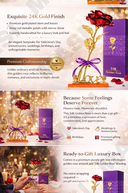 24K Golden Rose with Love Stand - Romantic Gift for Valentine, Anniversary & Special Occasions