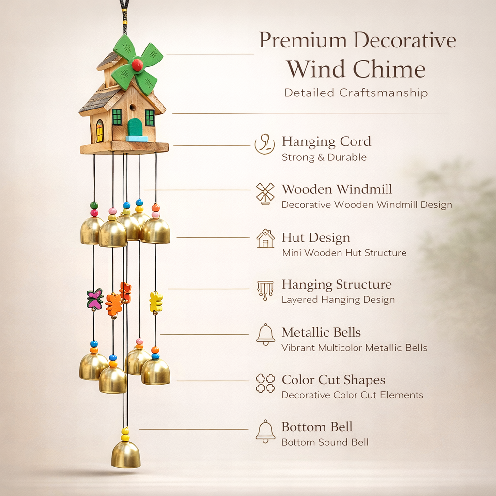 Wooden Windmill House Wind Chime with Golden Bells – Decorative Hanging for Home, Balcony & Garden Decor