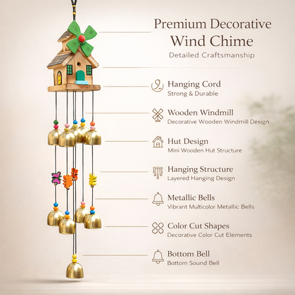 Wooden Windmill House Wind Chime with Golden Bells – Decorative Hanging for Home, Balcony & Garden Decor