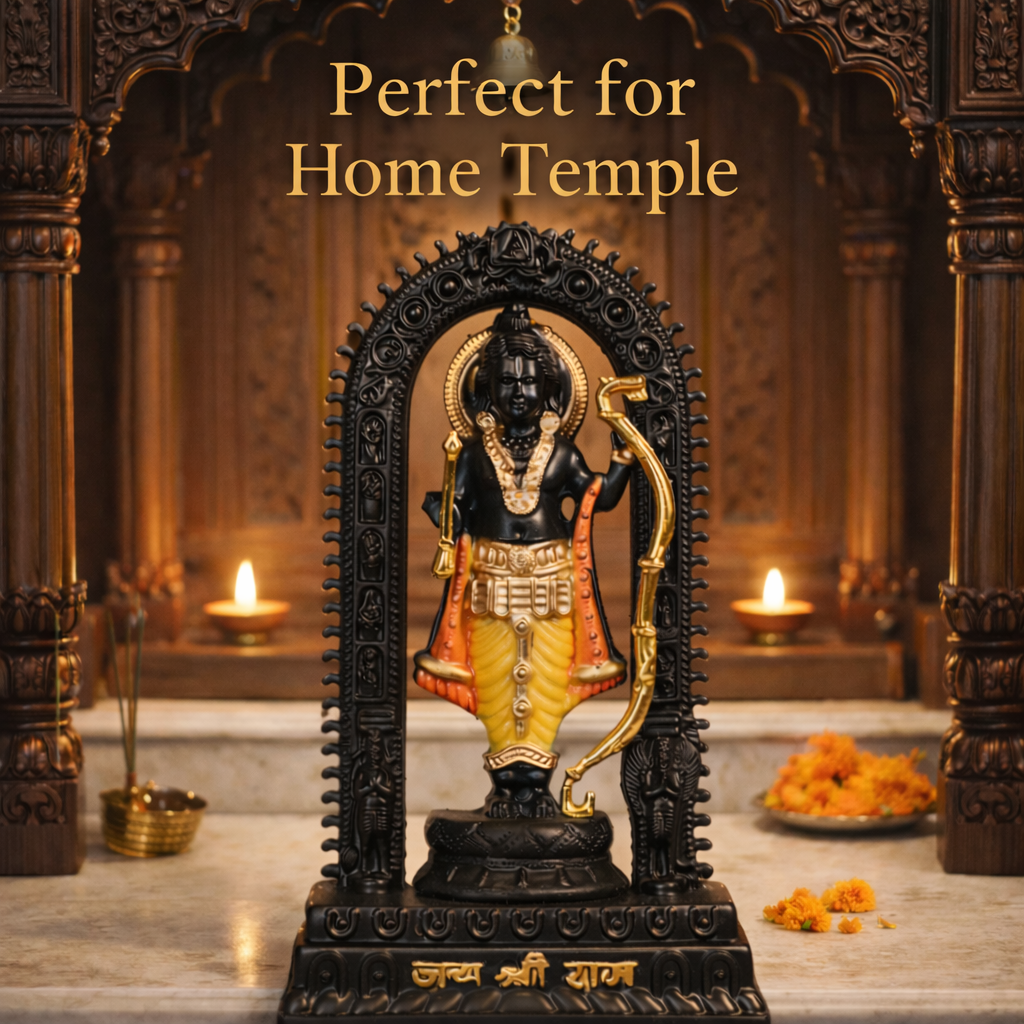 Shri Ram Idol with Bow Arch - 10 Inch Premium Resin Murti | Matte Black Finish with Gold & Red Accents