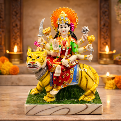 Durga Maa Idol Sitting on Tiger - Murti for Home Temple, Navratri Puja, Office Desk & Spiritual Gift (510 g)