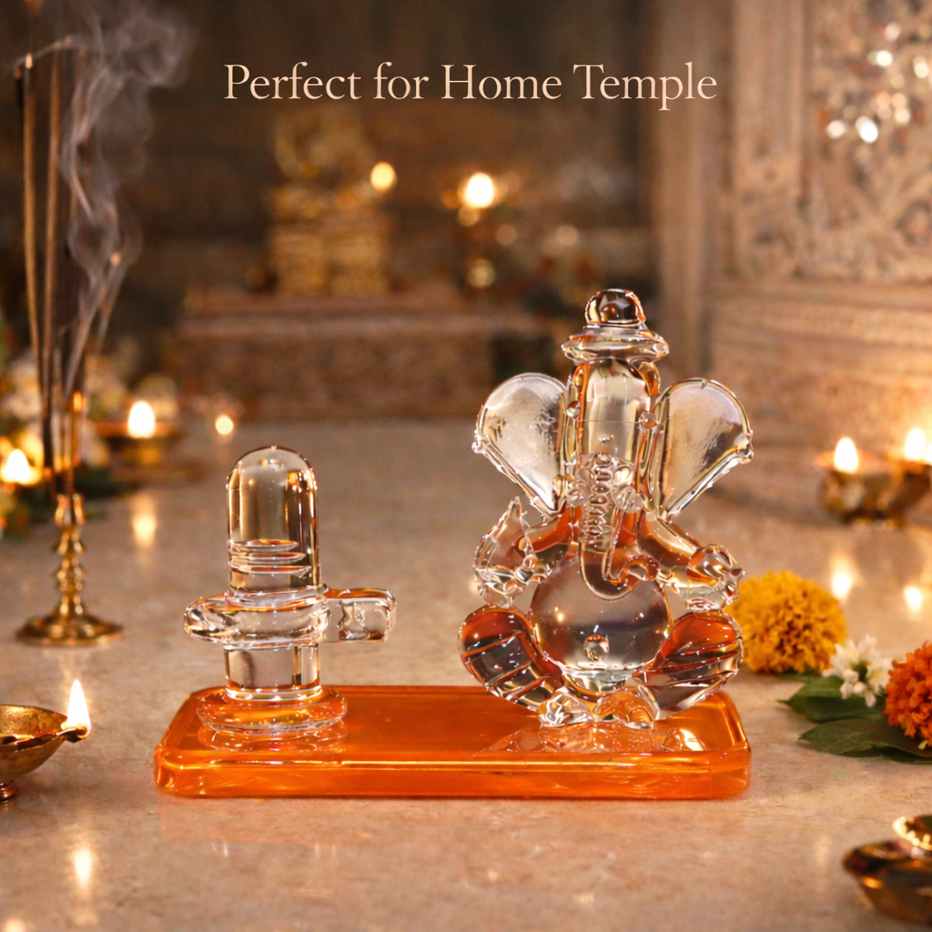 Crystal Lord Ganesha with Shivling Idol - Spiritual Showpiece for Home Temple, Car Dashboard & Office – Vastu Positive Energy Decorative Gift (Transparent Glass Finish)
