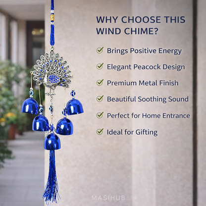 Peacock Evil Eye Hanging Wind Chime with Bells – Silver & Blue Nazar Protection Wall & Door Decor | Vastu Home Decoration