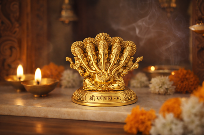 Panchmukhi Ganesh Idol – Golden Finish Decorative Ganpati Murti for Home, Office & Car Dashboard | Resin Spiritual Showpiece