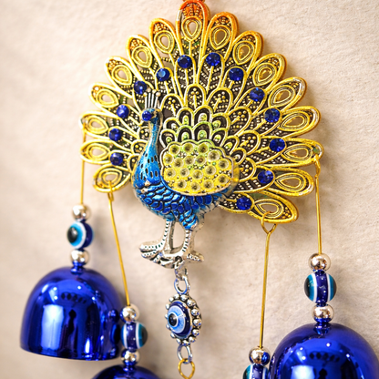Peacock Evil Eye Hanging with Bells – Blue Nazar Protection Wall & Door Decor | Vastu Home Decoration