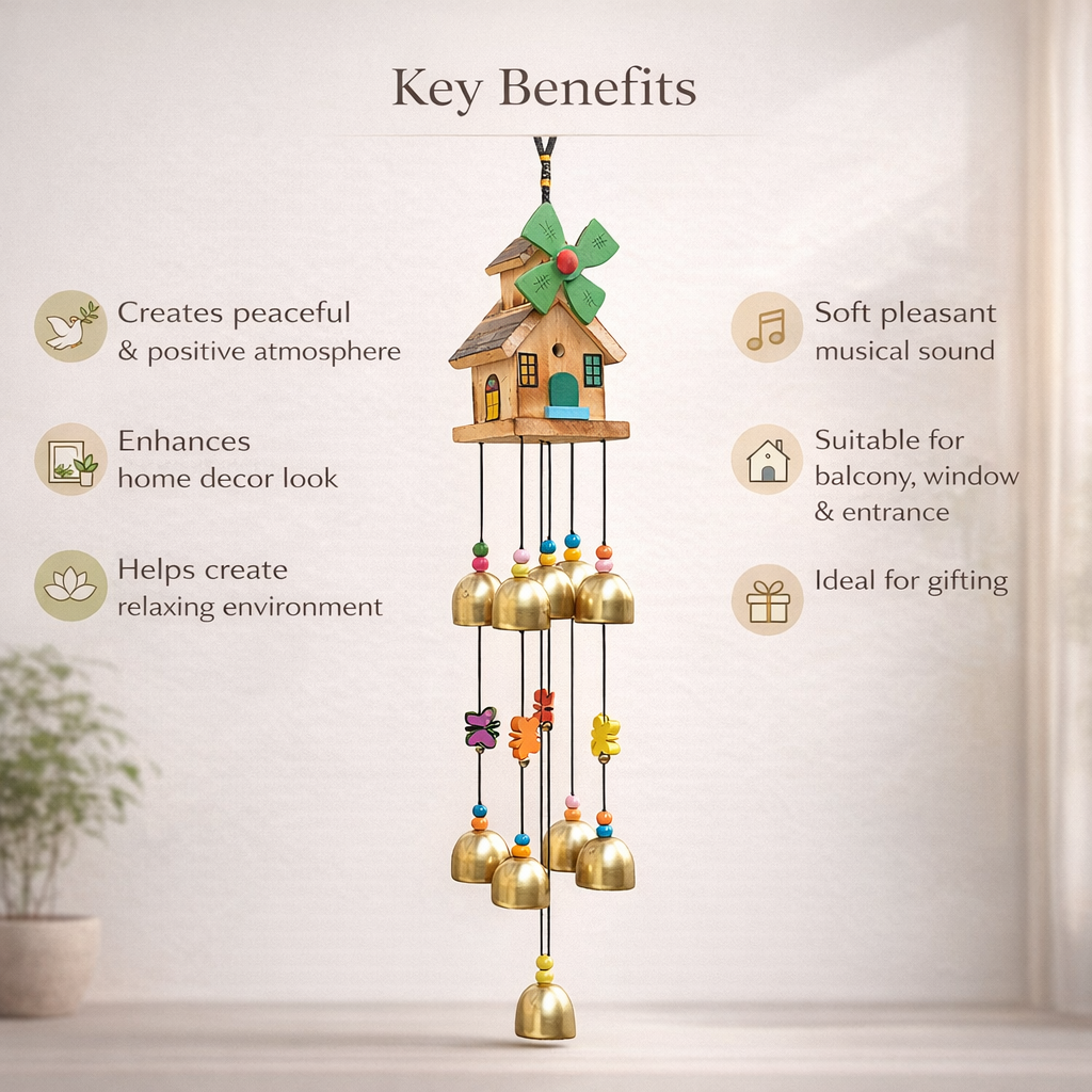 Wooden Windmill House Wind Chime with Golden Bells – Decorative Hanging for Home, Balcony & Garden Decor