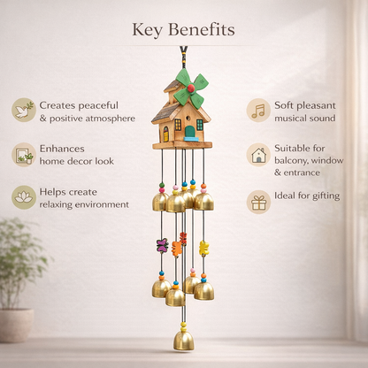 Wooden Windmill House Wind Chime with Golden Bells – Decorative Hanging for Home, Balcony & Garden Decor