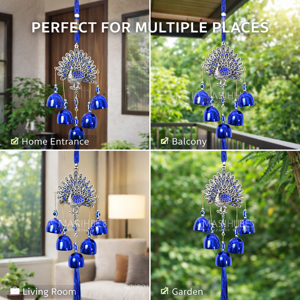 Peacock Evil Eye Hanging Wind Chime with Bells – Silver & Blue Nazar Protection Wall & Door Decor | Vastu Home Decoration