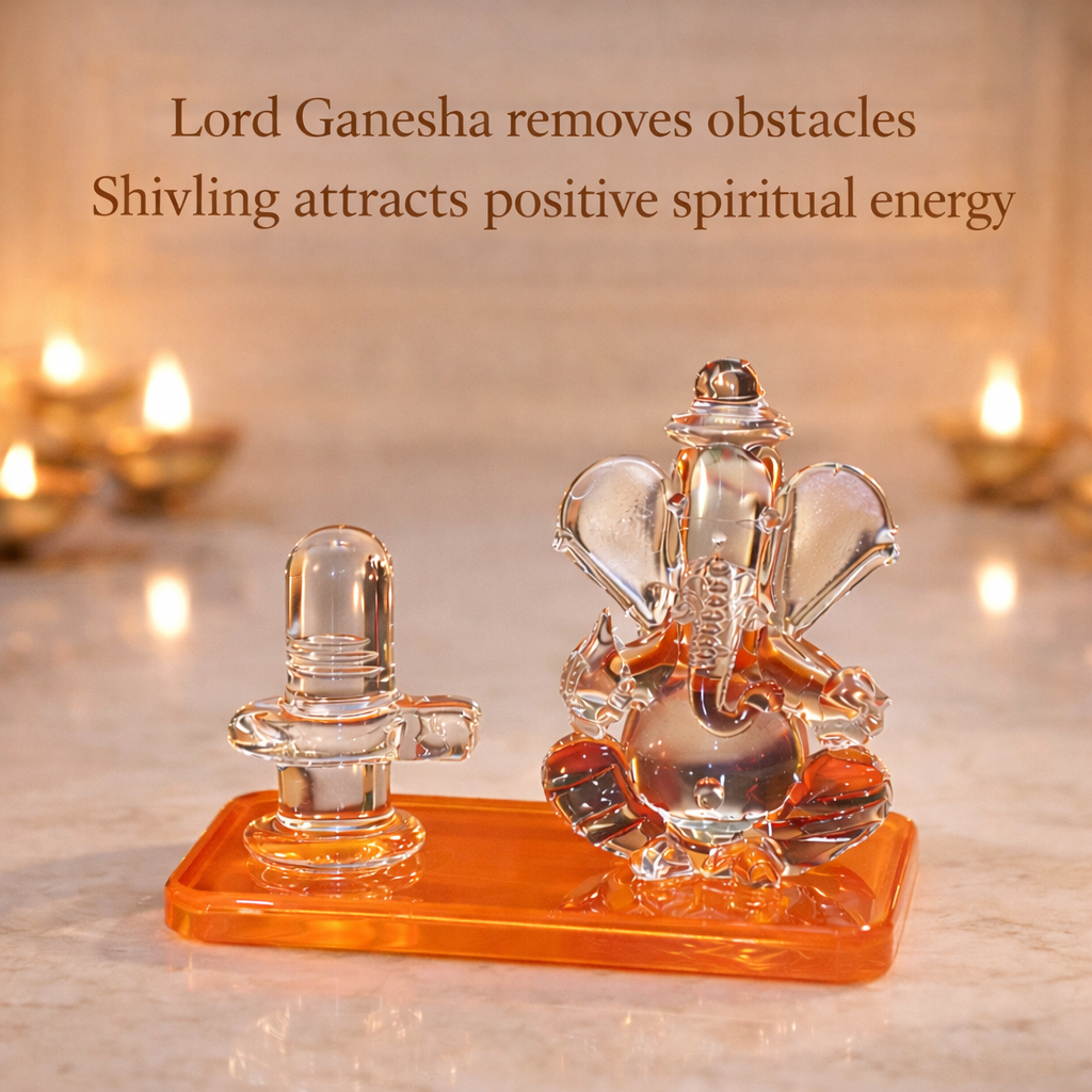 Crystal Lord Ganesha with Shivling Idol - Spiritual Showpiece for Home Temple, Car Dashboard & Office – Vastu Positive Energy Decorative Gift (Transparent Glass Finish)