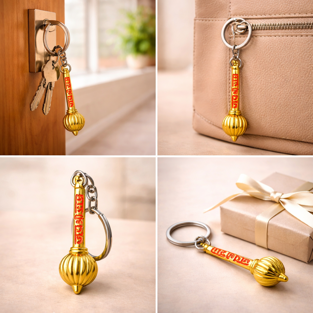 Jai Shri Ram Gada Keychain – Golden Hanuman Gada Key Ring for Car, Bike & Keys | Religious Gift