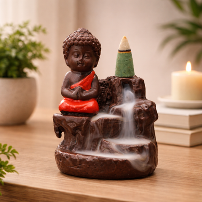 Baby Buddha Backflow Incense Holder – Smoke Waterfall Meditation Decor | Spiritual Gift Showpiece (14 cm)