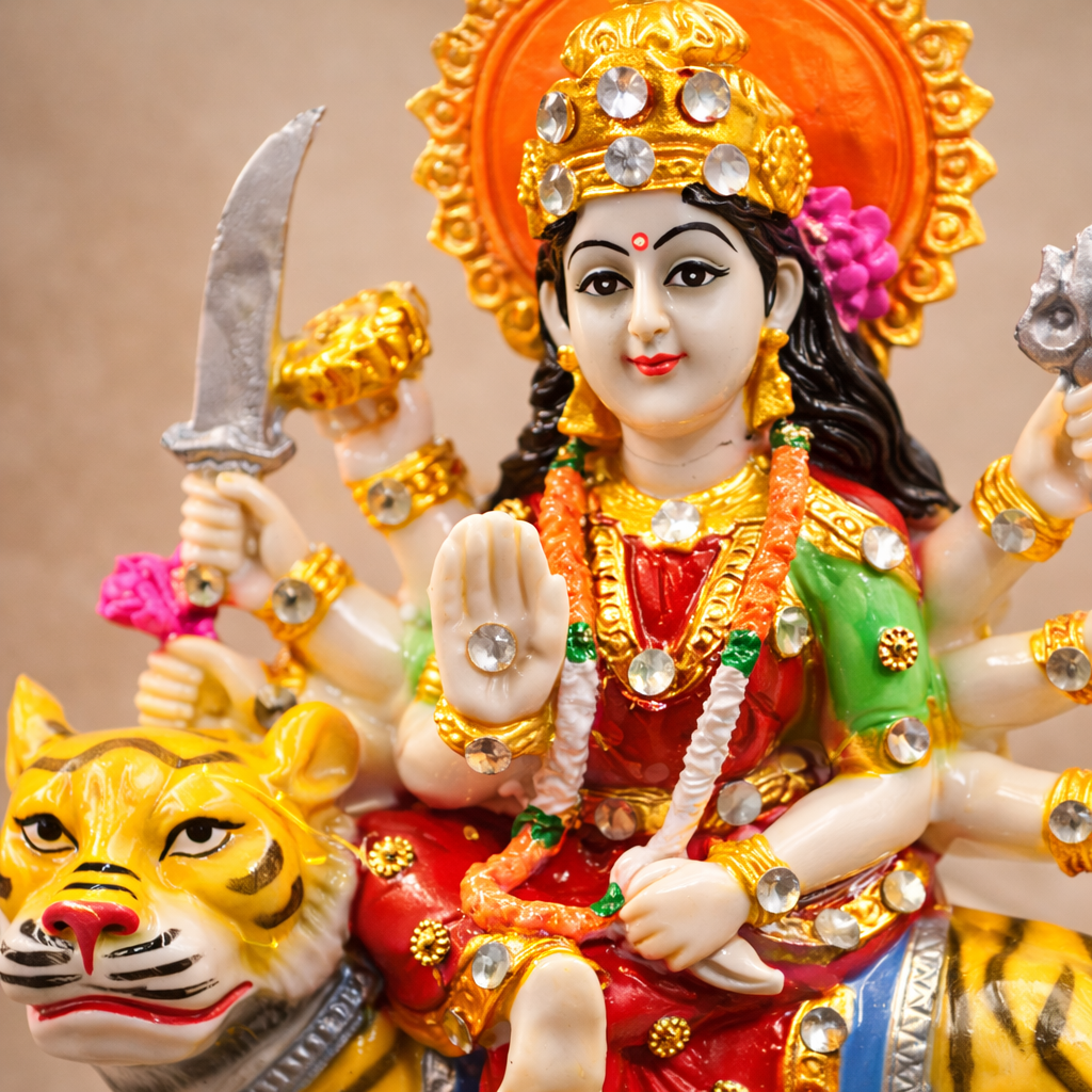 Durga Maa Idol Sitting on Tiger - Murti for Home Temple, Navratri Puja, Office Desk & Spiritual Gift (510 g)
