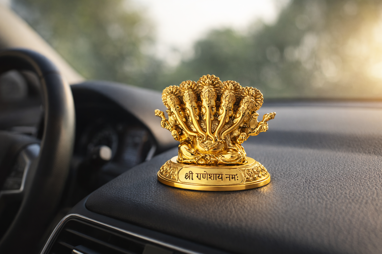 Panchmukhi Ganesh Idol – Golden Finish Decorative Ganpati Murti for Home, Office & Car Dashboard | Resin Spiritual Showpiece